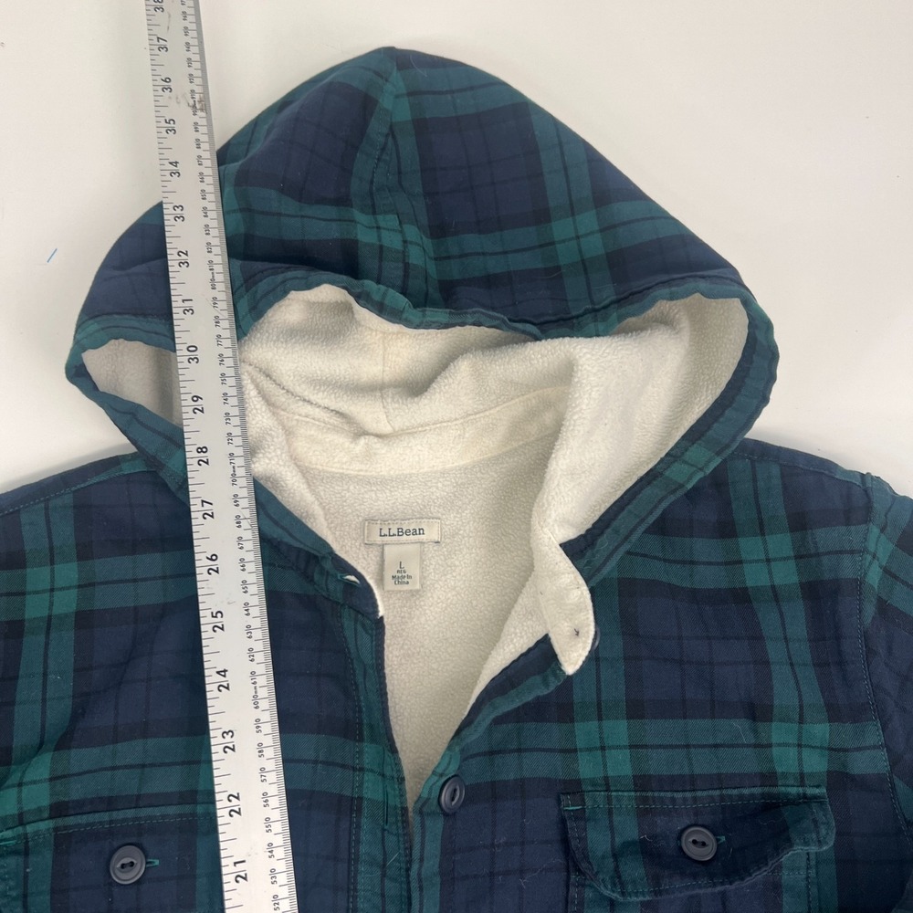 LL Bean Jacket Womens Large Relaxed Blue Green Plaid Flannel Hooded Sherpa Lined - Picture 3 of 16